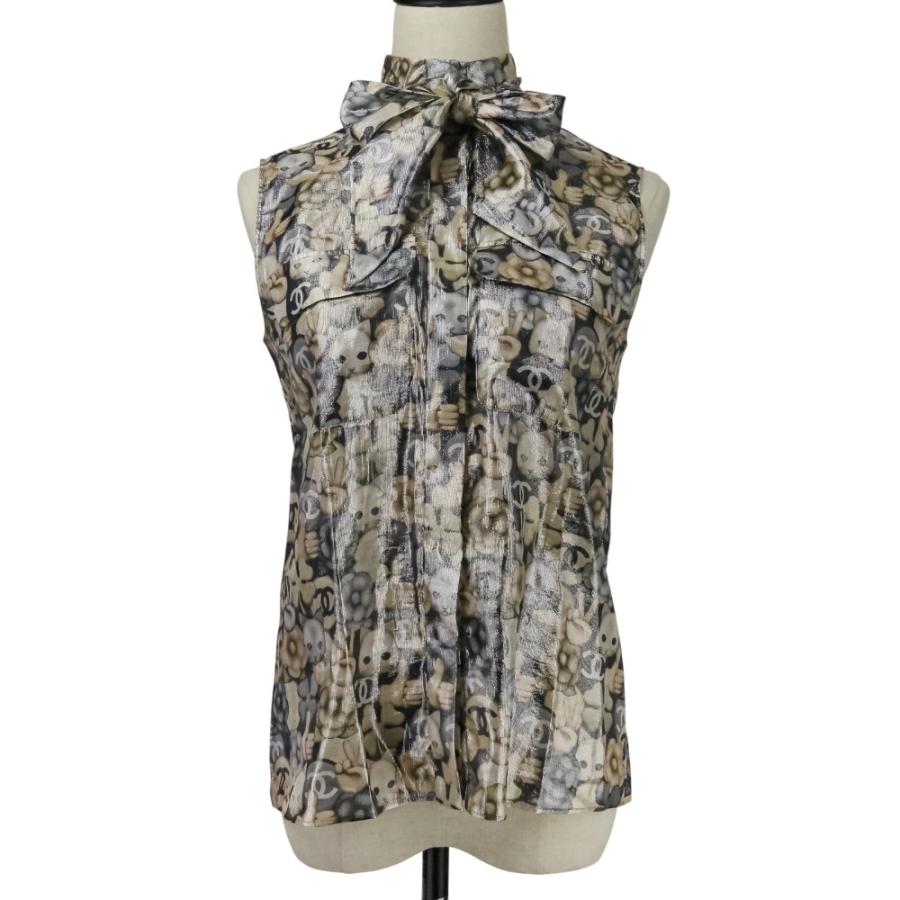 CHANEL シルク タンクトップ ブラウス ココマーク シャネル 38 CHANEL（シャネル） 美品 シュペット ココマークプリント リボンタイ