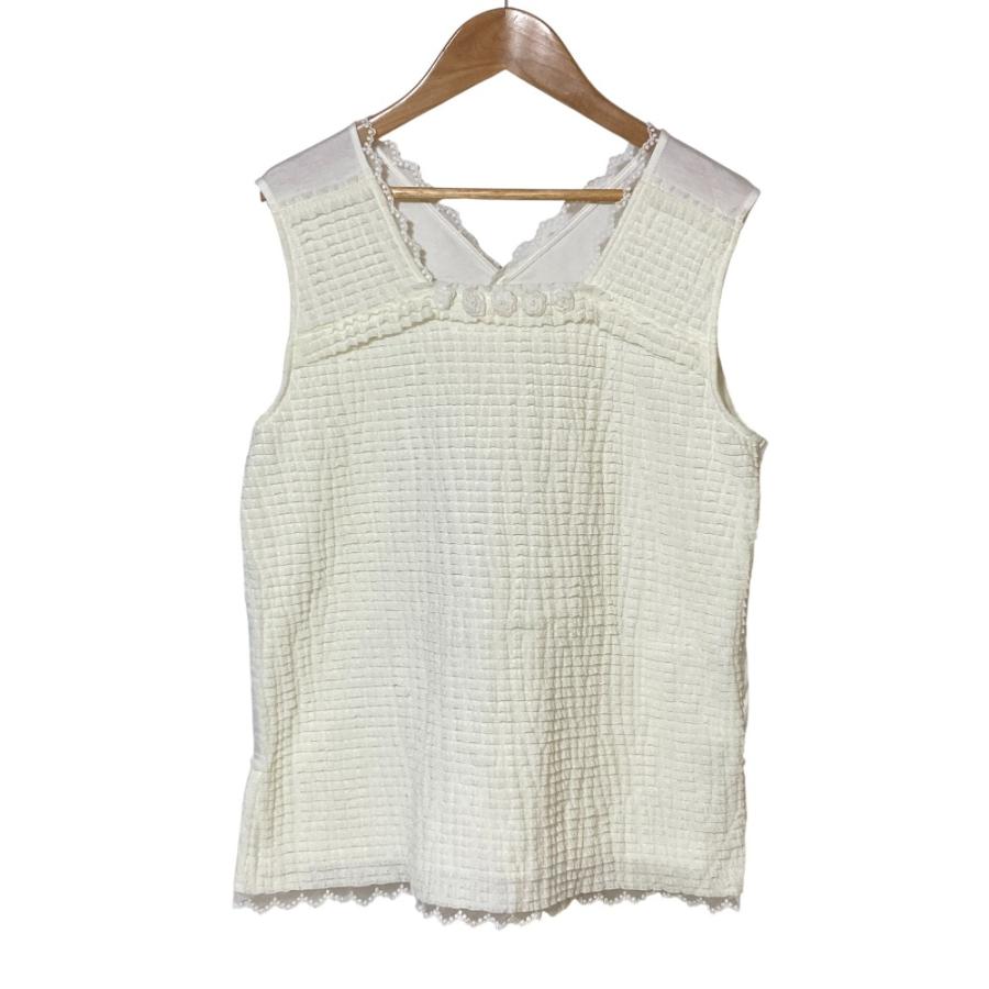 美品 INGEBORG インゲボルグ フラワーモチーフ付 ストレッチフリルレースノースリーブ サイズ4 ホワイト レディース 古着 中古 USED INGEBORG（インゲボルグ） 美品 フラワーモチーフ付 ストレッチフリル