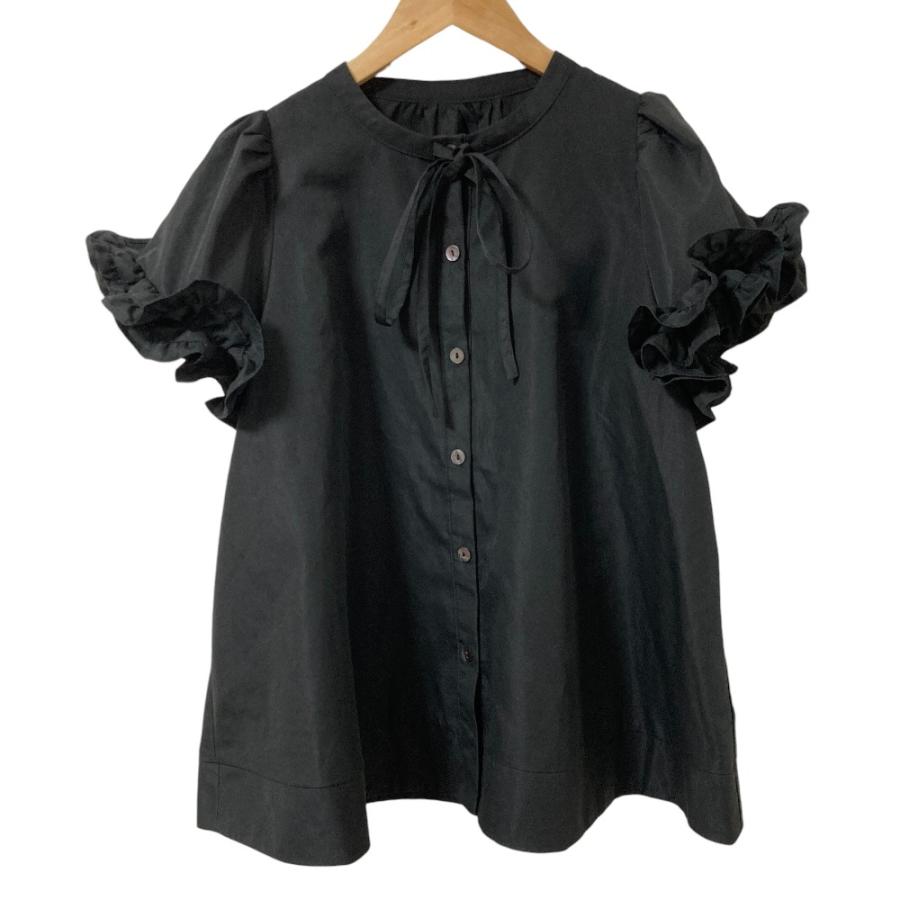 美品 FIT MORE フィットモア フリルパフスリーブバンドカラーシャツ 