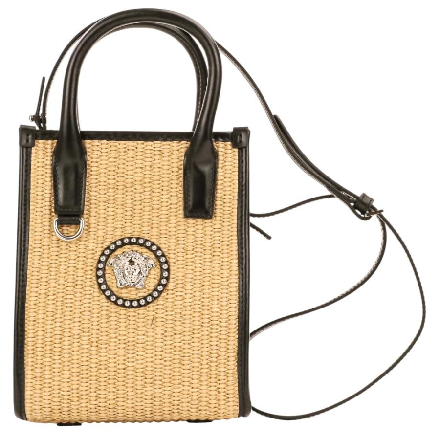 美品 Versace ヴェルサーチ スタッド ラ メデューサ 2way トートバッグ ハンドバッグ ショルダーバッグ 1A08263 ナチュラル ブラック レディース 古着 中古