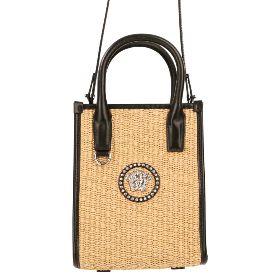 美品 Versace ヴェルサーチ スタッド ラ メデューサ 2way トートバッグ ハンドバッグ ショルダーバッグ 1A08263 ナチュラル ブラック レディース 古着 中古の画像