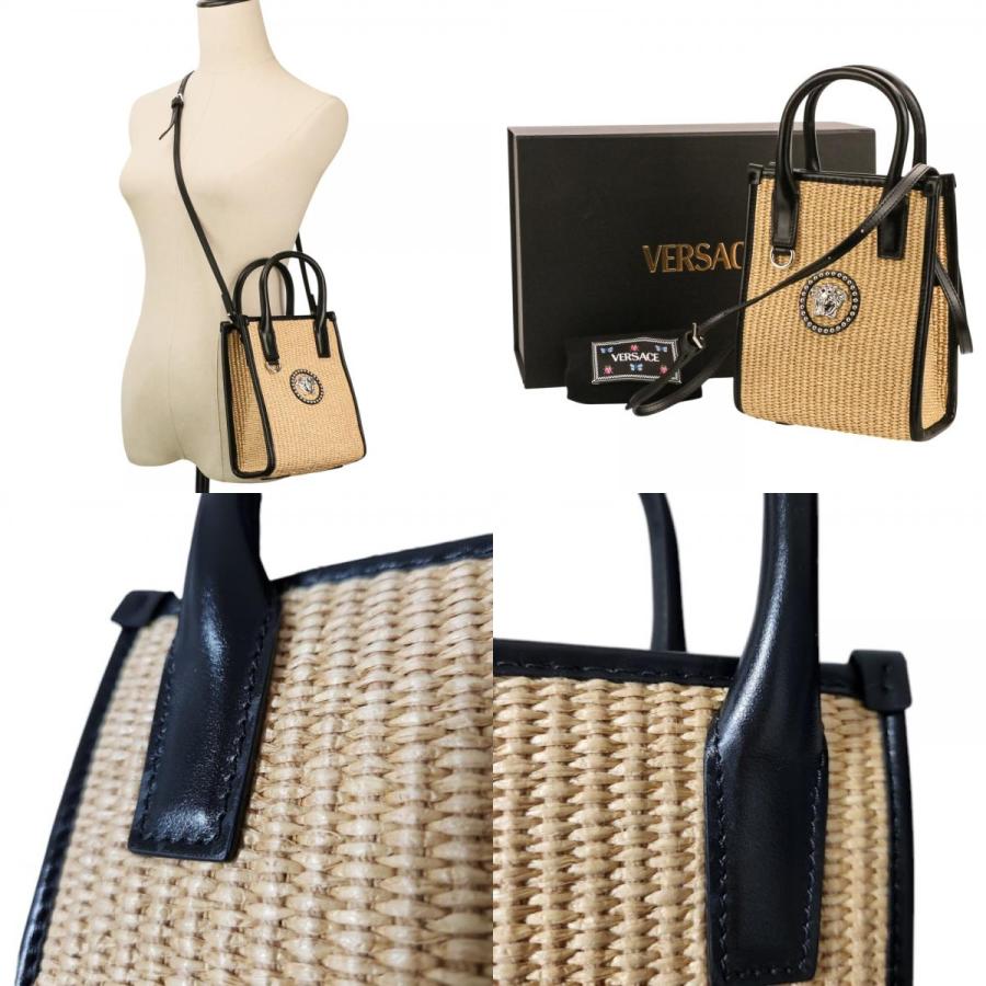 美品 Versace ヴェルサーチ スタッド ラ メデューサ 2way トートバッグ ハンドバッグ ショルダーバッグ 1A08263 ナチュラル ブラック レディース 古着 中古の画像