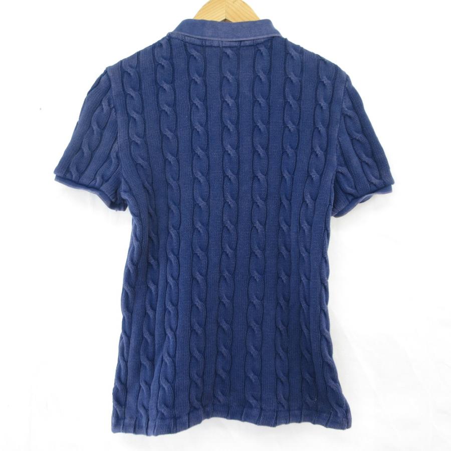美品 POLO RALPH LAUREN ポロラルフローレン ヴィンテージ加工 ケーブルニット 半袖 ポロシャツ LGサイズ ネイビー レディース 古着 中古 USED POLO RALPH LAUREN（ポロ・ラルフローレン） 美品 ヴィンテージ加工