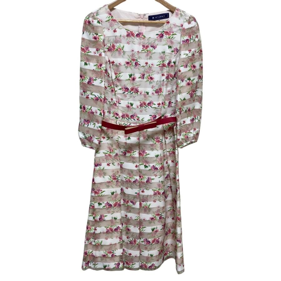 定価4.8万円 M'S GRACY ボーダーリボンプリントワンピース38 M'S GRACY（エムズグレイシー） 美品 フラワープリント ボーダー