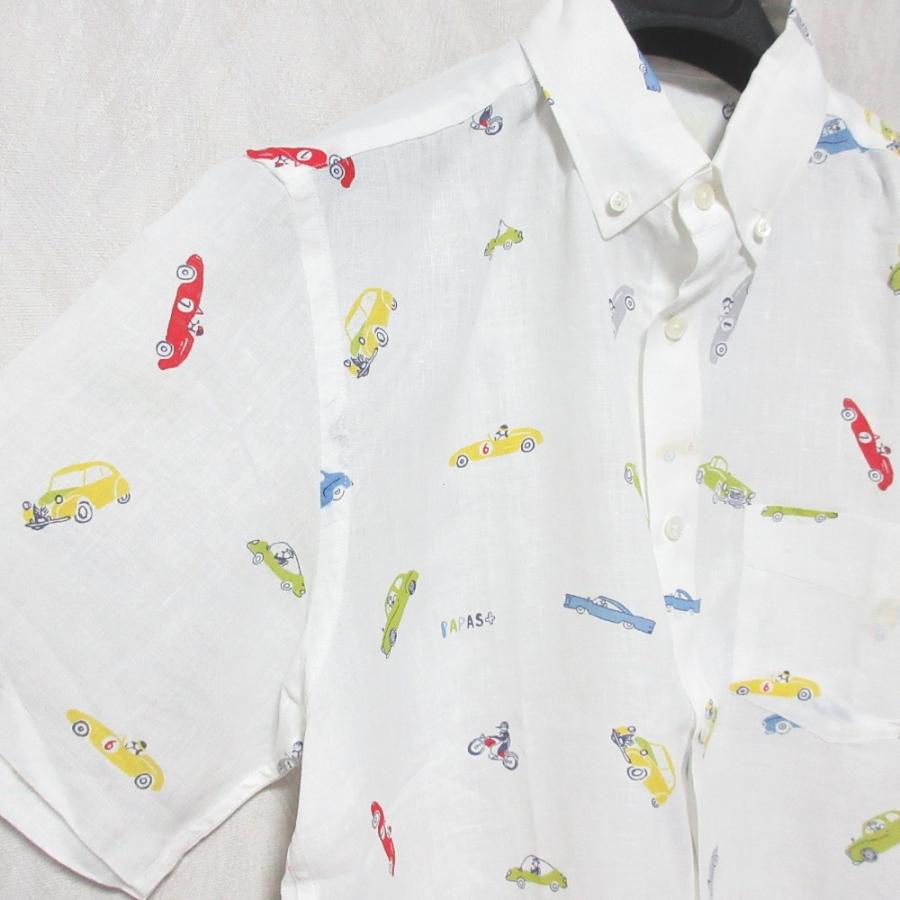 美品　Papas パパス　ガーゼプリント ボタンダウンシャツ　クラシックカー PAPAS（パパス） 美品 Papas+ プラス 車 カープリント リネン ショート