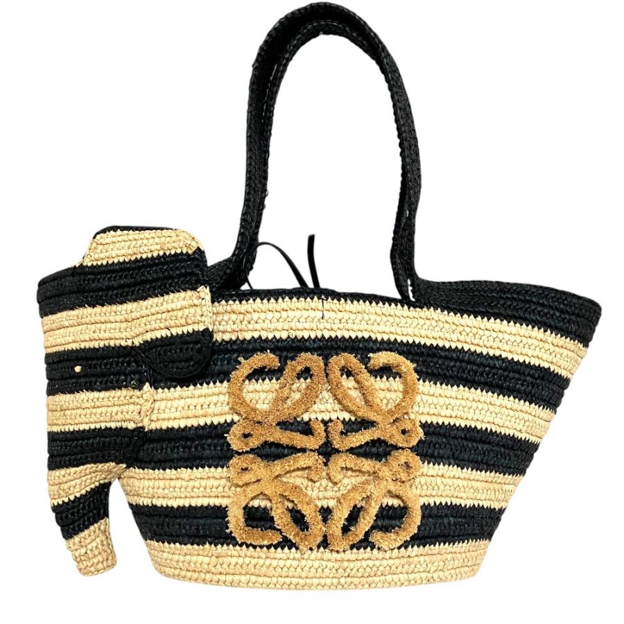 LOEWE エレファント カゴバッグ ストライプ ラフィア 象 LOEWE（ロエベ） 美品 エレファント ボーダー ラフィア カゴバッグ