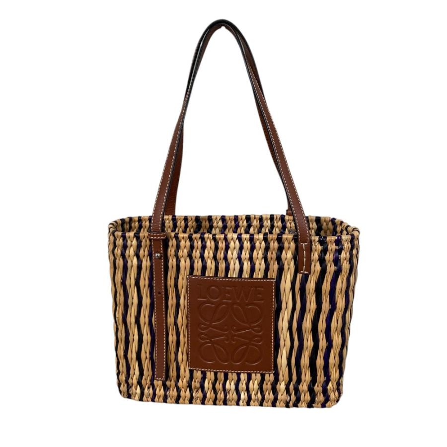 新品同様 LOEWE ロエベ アナグラム スクエア ラフィア バスケットバッグ トートバッグ ナチュラル ブラック レディース 古着 中古 USED LOEWE（ロエベ） 新品同様 アナグラム スクエア ラフィア バスケット