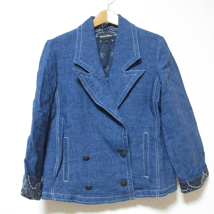 EMPORIO ARMANI - 良品 22SS EMPORIO ARMAN エンポリオアルマーニ 裏地ペイズリー柄 ストレッチ ダブルブレスト ダンガリージャケット 36 ブルー レディース 古着 中古 USED EMPORIO ARMANI 良品 22SS ARMAN エンポリオアルマーニ 裏地ペイズリー