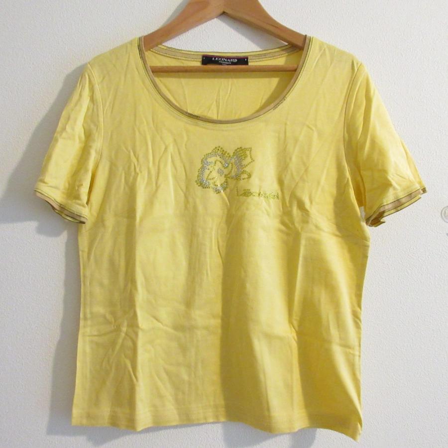 美品 LEONARD レオナー 半袖 ラインストーン Tシャツ カットソー Lサイズ イエロー レディース 古着 中古 USED LEONARD（レオナール） 美品 レオナー 半袖 ラインストーン Tシャツ