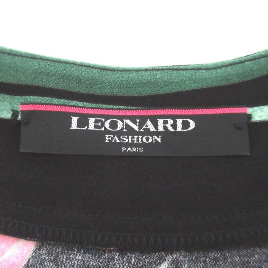 LEONARD - 美品 LEONARD レオナール フラワープリント カンカン素材 リボンベルト付き 半袖 ブラウス Lサイズ ブラック系 レディース 古着 中古 USED LEONARD 美品 レオナール フラワープリント カンカン素材 リボン