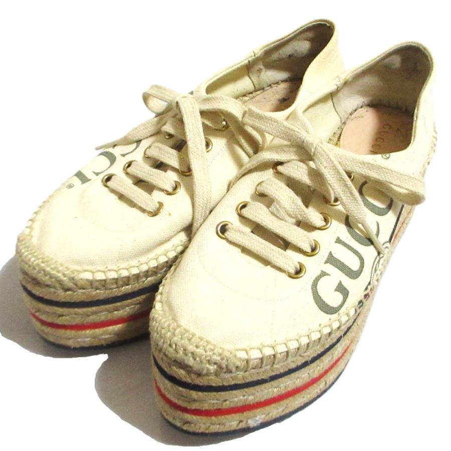GUCCI（グッチ） 良品 ロゴプリント エスパドリーユ プラットフォーム 