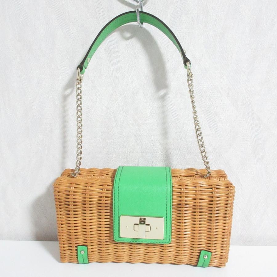 美品 kate spade new york ケイトスペード ターンロック チェーンショルダーバッグ カゴバッグ ベージュ×グリーン レディース 古着 中古 USED kate spade NEW YORK（ケイト・スペード ニューヨーク） 美品 ケイト