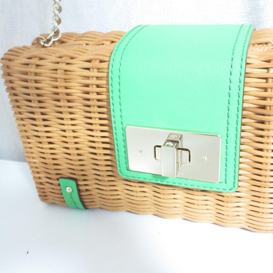 美品 kate spade new york ケイトスペード ターンロック チェーンショルダーバッグ カゴバッグ ベージュ×グリーン レディース 古着 中古 USED kate spade NEW YORK - 美品 kate spade new york ケイトスペード