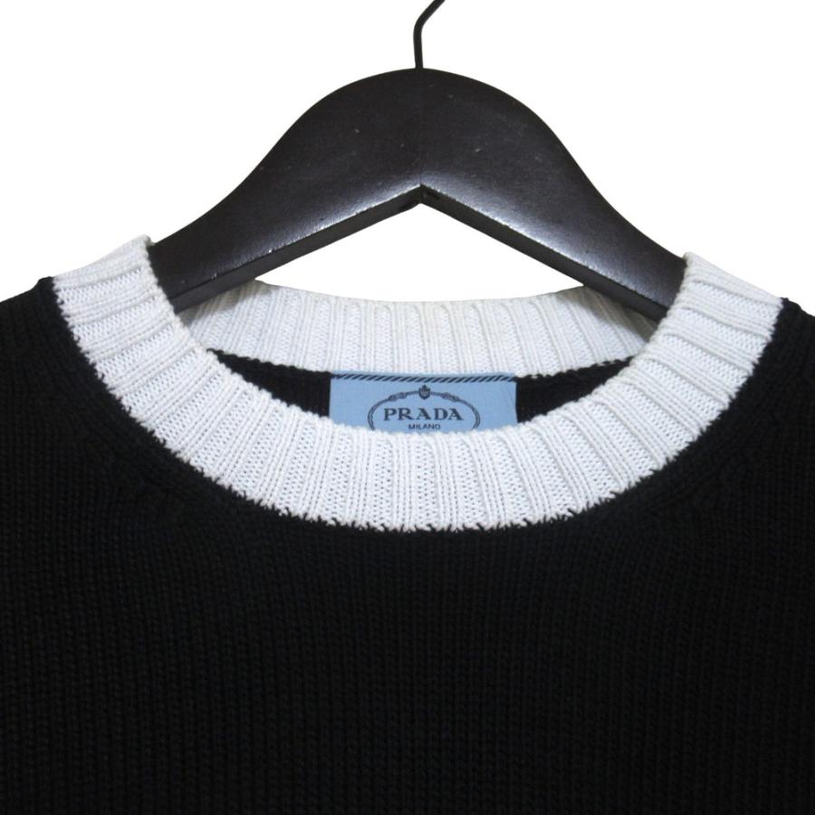 美品 PRADA プラダ ロゴ刺繍 バイカラー クロップド 半袖 ニット セーター P24I1R サイズ38 165/76A ブラック×ホワイト レディース 古着 中古の画像