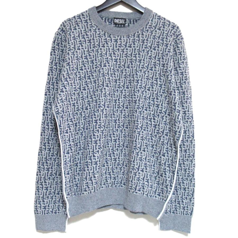 美品 DIESEL ディーゼル K-RONAN-MON ロングスリーブ クルーネック ロゴジャガード パイル ニット L グレー×ネイビーブルー メンズ 古着 中古 USED DIESEL（ディーゼル） 美品 K-RONAN-MON ロングスリーブ クルーネック