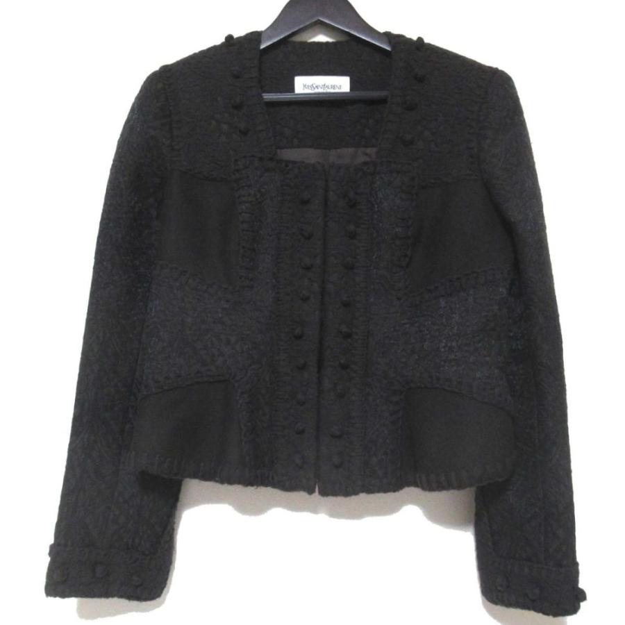 SAINT LAURENT - 美品 イヴサンローランリヴゴーシュ トムフォード期 スクエアネック ニット ジャガード ノーカラー ジャケット F42 ダークブラウン レディース 古着 中古 USED Yves Saint Laurent rive gauche 美品 イヴサンローラン