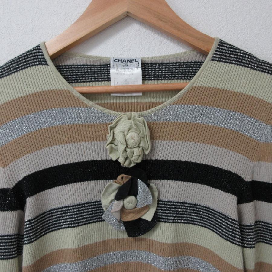 CHANEL シャネル ボーダー フラワーコサージュ ニット 38 CHANEL（シャネル） 美品 01P CHANEL ボーダー柄 フラワーコサージュ