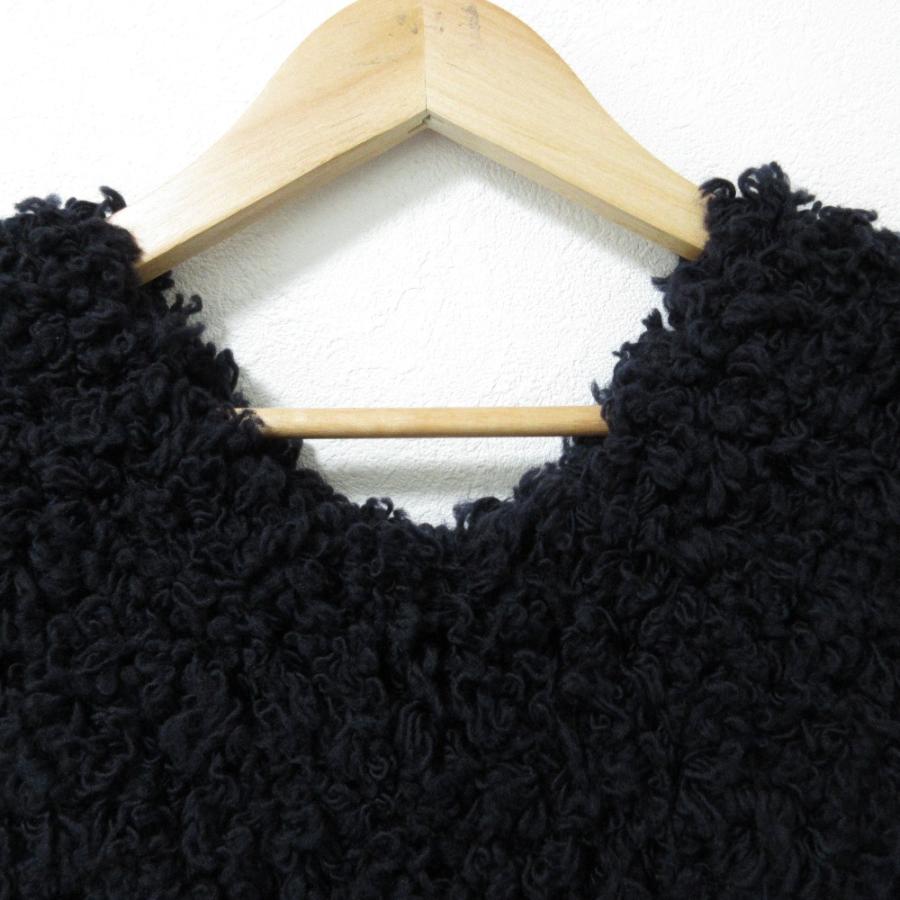 未使用 21AW mina perhonen ミナペルホネン bois ウール100％ ボア フリンジ Ｖネック ハンドニット ベスト za8586 Ｆ ネイビー レディース 古着 中古 USED mina perhonen（ミナペルホネン） 未使用 21AW mina perhonen bois
