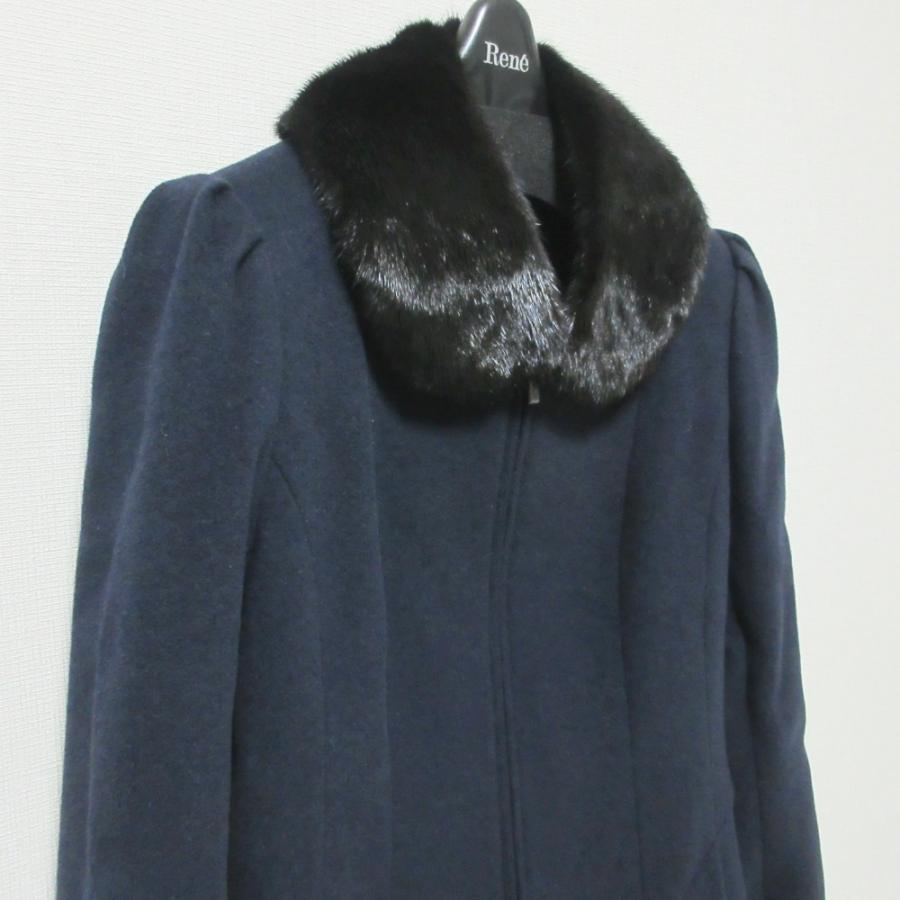 René - 美品 Rene ルネ ミンクファーカラー ダブルジップ アンゴラブレンド ノーカラーコート 36 ネイビー レディース 古着 中古 USED Rene 美品 ルネ ミンクファーカラー ダブルジップ アンゴラ
