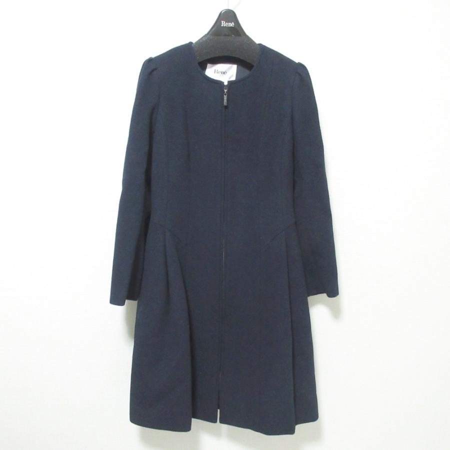 René - 美品 Rene ルネ ミンクファーカラー ダブルジップ アンゴラブレンド ノーカラーコート 36 ネイビー レディース 古着 中古 USED Rene 美品 ルネ ミンクファーカラー ダブルジップ アンゴラ