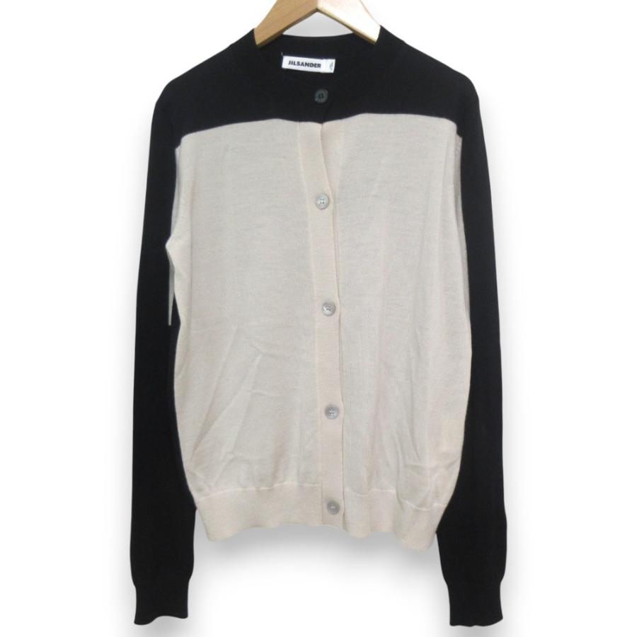 JIL SANDER - JIL SANDER ジルサンダー ウール100％ バイカラー クルーネック 長袖 ニット カーディガン サイズ36 ブラック×べージュ レディース 古着 中古 USED JIL SANDER（ジルサンダー） ウール100％ バイカラー クルーネック