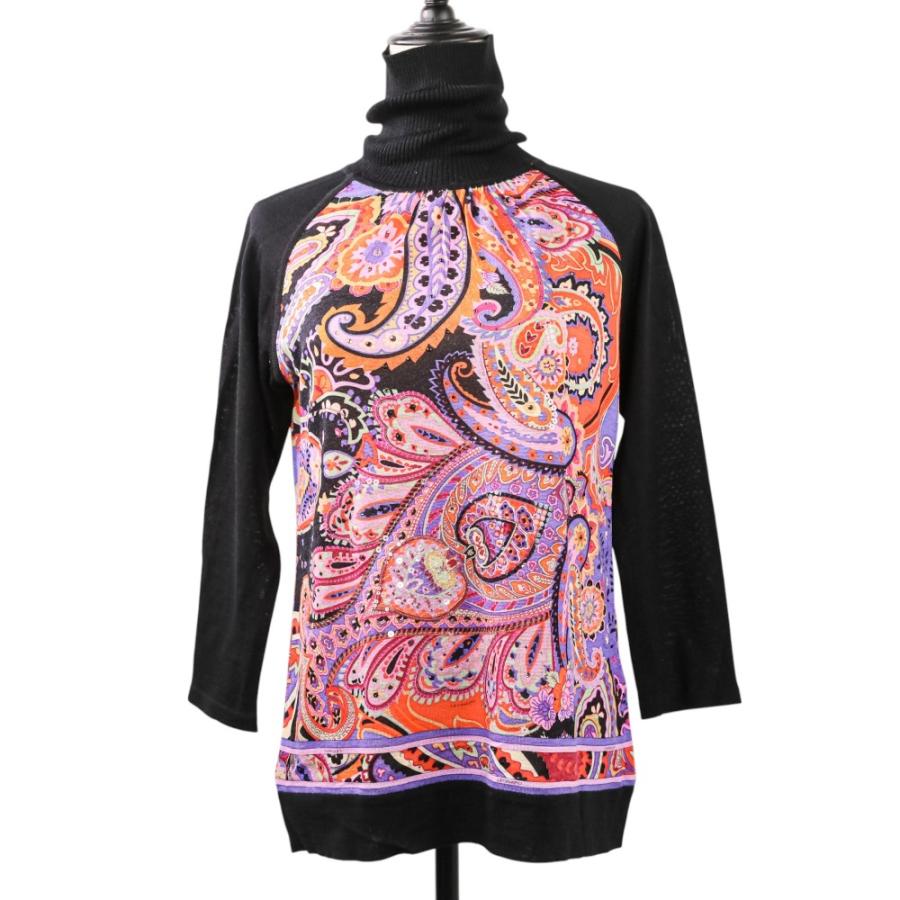 LEONARD レオナール ビジュー シルクブレンド タートルネック ニットセーター M ブラック パープル レディース 古着 中古 USED LEONARD FASHION レオナール ビジュー シルクブレンド タートルネック