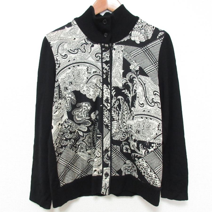 LEONARD レオナール ペイズリー柄 長袖 シルクブレンド ニットシャツ サイズ40 ブラック×ホワイト レディース 古着 中古 USED LEONARD（レオナール） ペイズリー柄 長袖 シルクブレンド ニット