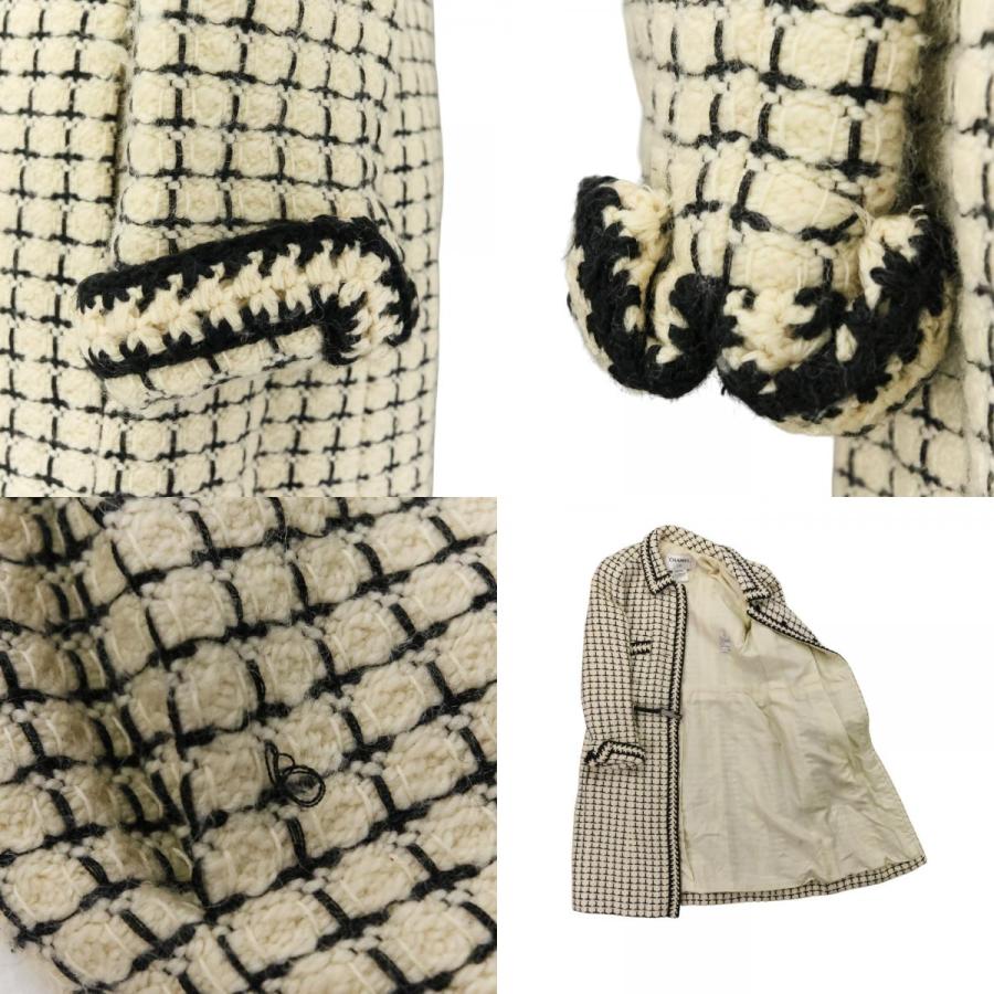 良品 00A CHANEL シャネル ヴィンテージ ベルテッド ツイード コート P16301 サイズ36 アイボリー ブラック レディース 古着 中古の画像