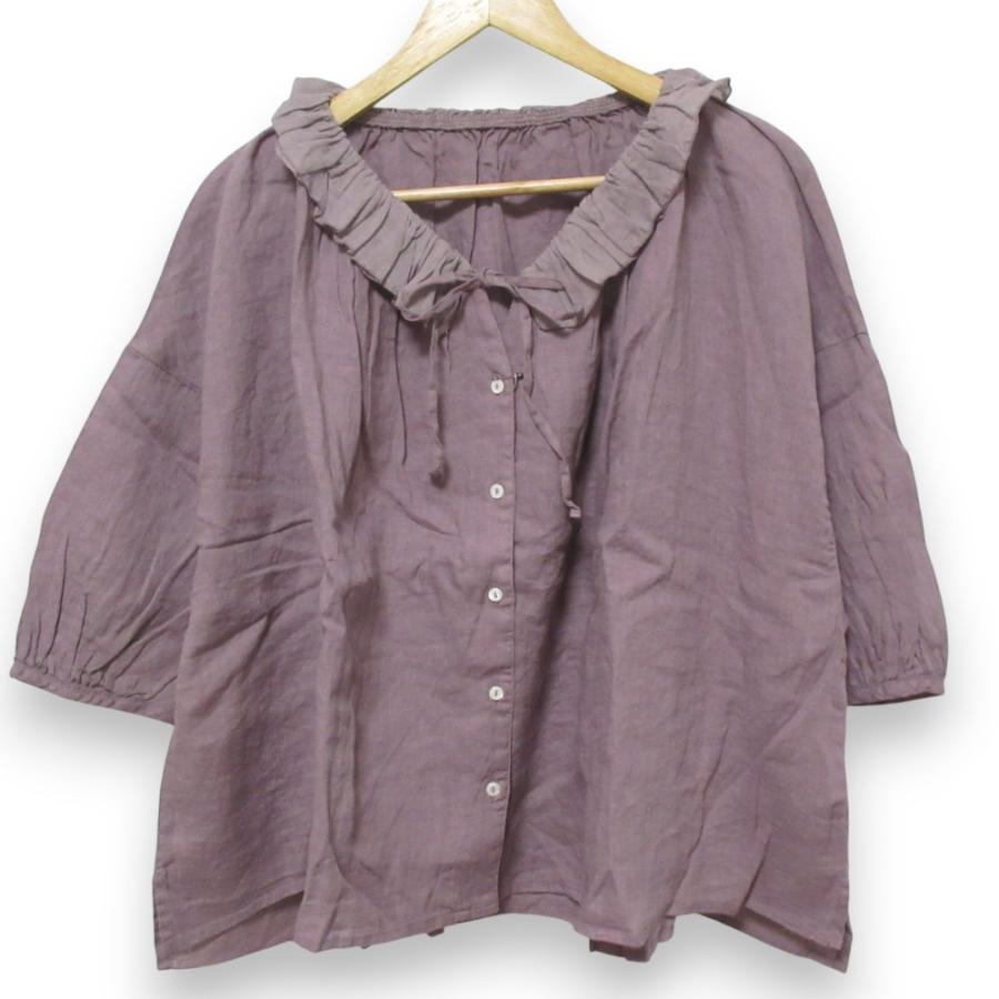 新品同様 24AW nest Robe ネストローブ リネン100％ 3/4スリーブ シアーフリルブラウス シャツ 01243-1143 サイズF パープル系 レディース 古着 中古 USED nest Robe（ネストローブ） 新品同様 24AW nest Robe リネン100％ 3/4