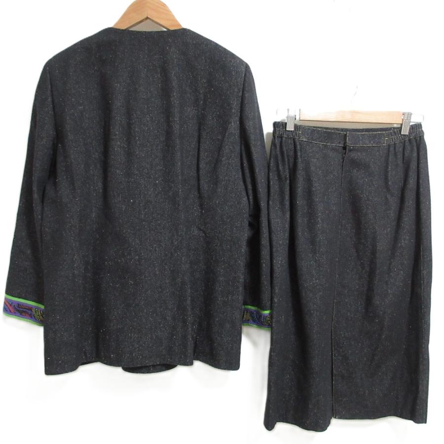 良品 LEONARD FASHION レオナールファッション シルク ノーカラージャケット スカート セットアップ 13AR ブラック レディース 古着 中古 USED LEONARD FASHION 良品 レオナールファッション シルク ノーカラー