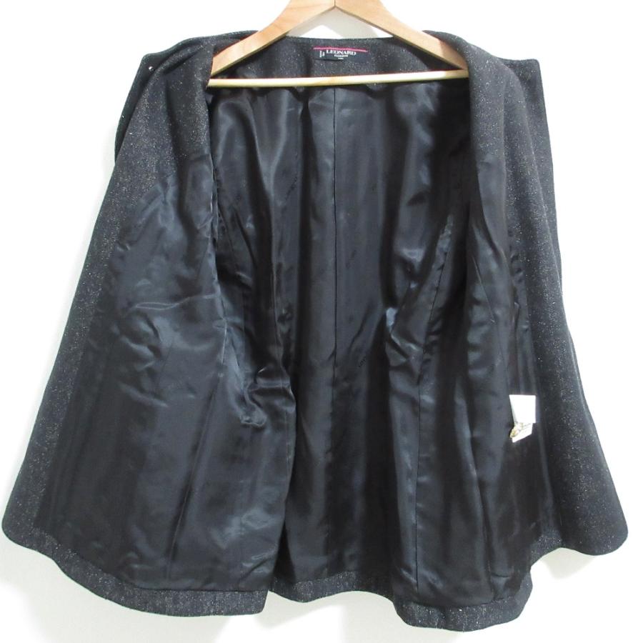良品 LEONARD FASHION レオナールファッション シルク ノーカラージャケット スカート セットアップ 13AR ブラック レディース 古着 中古 USED LEONARD FASHION 良品 レオナールファッション シルク ノーカラー