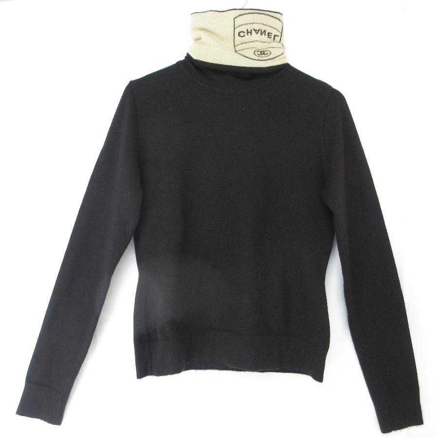 良品 04A CHANEL シャネル ロゴ タートルネック カシミヤニット セーター P24344 サイズ38 ブラック レディース 古着 中古