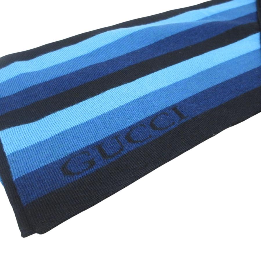 美品 GUCCI グッチ ストライプ ウールマフラー リバーシブル ブラック ブルー レディース 古着 中古 USED 美品 GUCCI グッチ ストライプ ウールマフラー リバーシブル ブラック