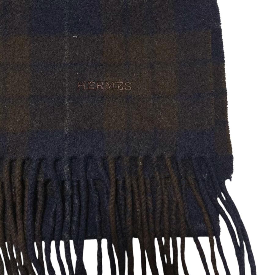 美品 HERMES エルメス カシミヤ100％ チェック マフラー ブラウン ネイビー メンズ レディース 古着 中古_3