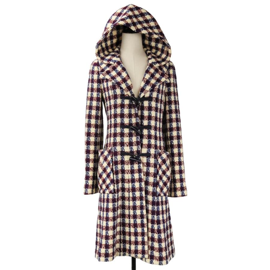 良品 CHANEL シャネル 06A ツイード チェック ダッフルコート P29307 ネイビー アイボリー レッド レディース 古着 中古の画像