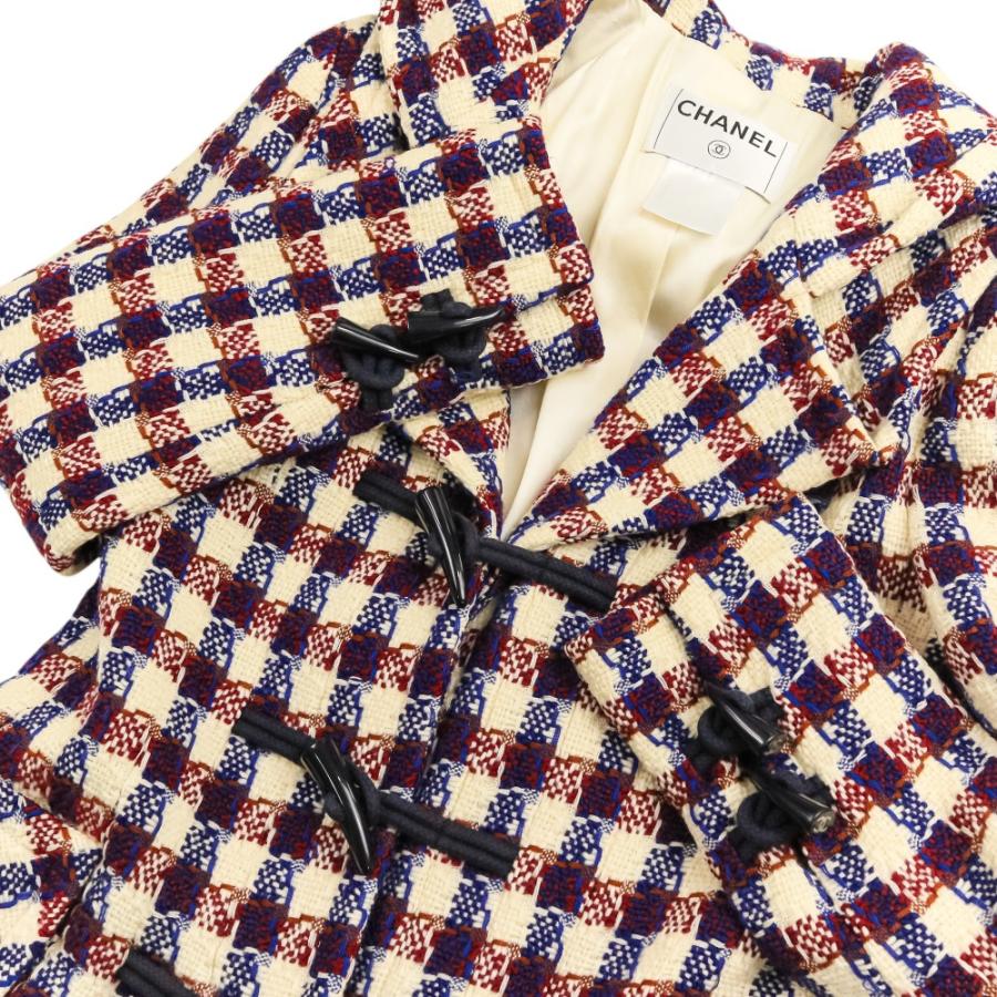 良品 CHANEL シャネル 06A ツイード チェック ダッフルコート P29307 ネイビー アイボリー レッド レディース 古着 中古の画像