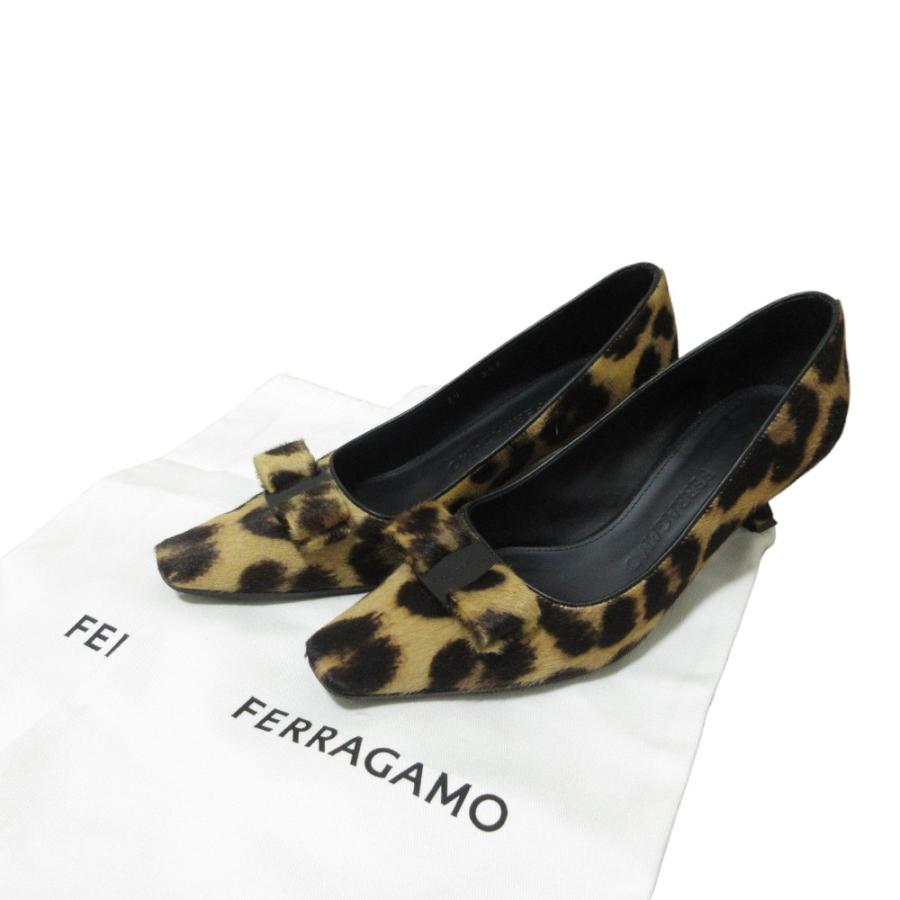 美品 FERRAGAMO フェラガモ SIWAR 60 レオパード ハラコ ヴァラリボン 