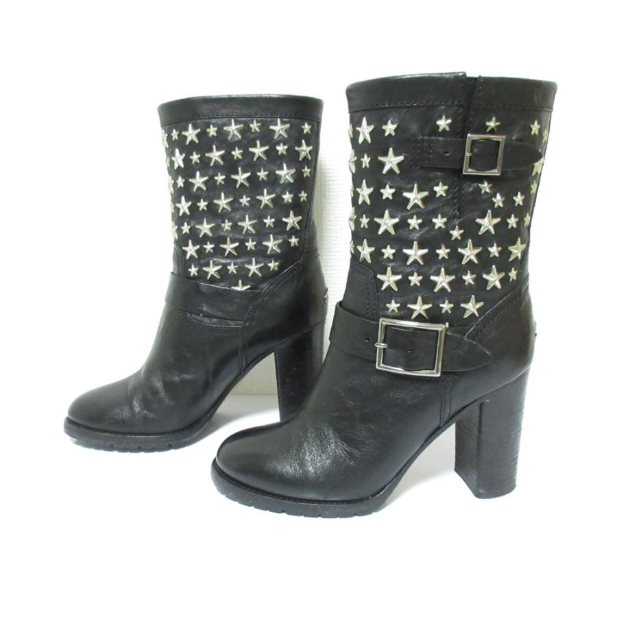 JIMMY CHOO ジミーチュウ レインブーツ スタースタッズブラック 37 JIMMY CHOO（ジミーチュウ） 良品 BIKER LEATHER W STARS スター