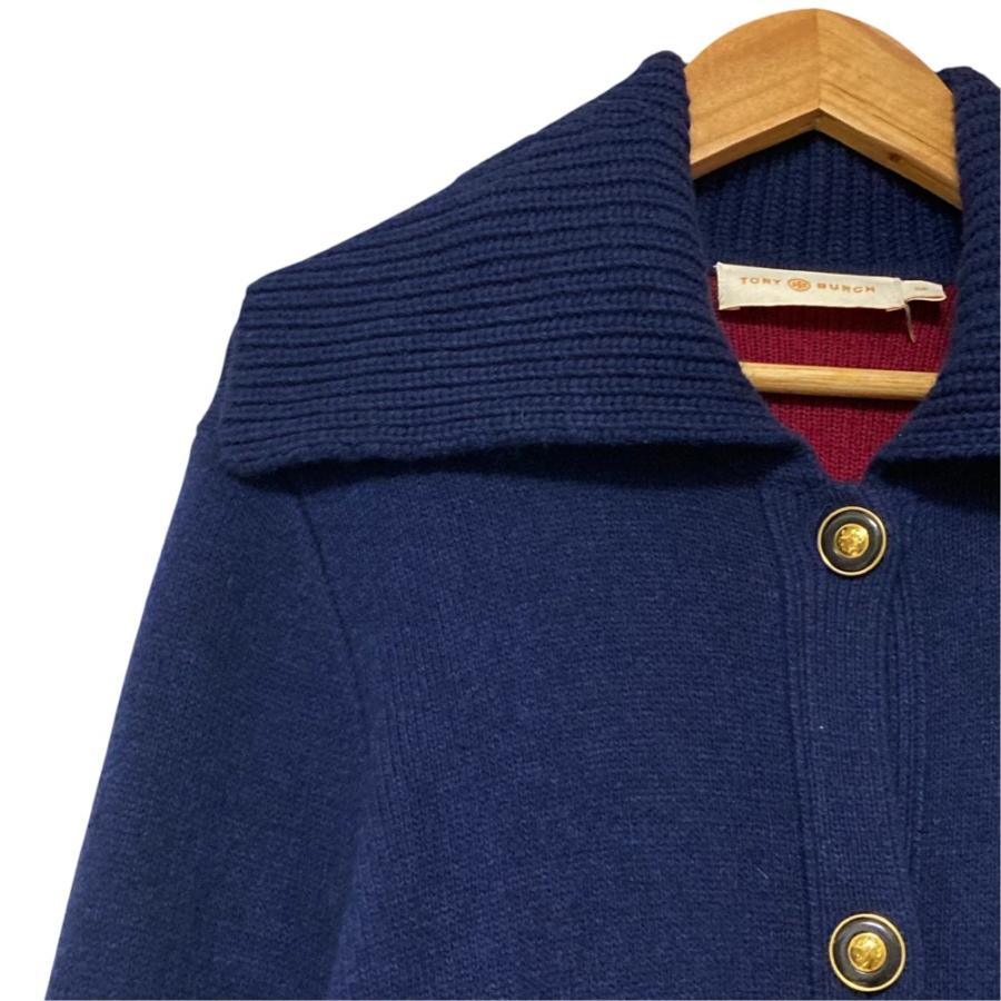 美品 TORY BURCH トリーバーチ カシミヤブレンド カラーブロック ニットコート ロングカーディガン S ネイビー レッド レディース 古着 中古 USED Tory Burch - 美品 TORY BURCH トリーバーチ カシミヤブレンド カラー