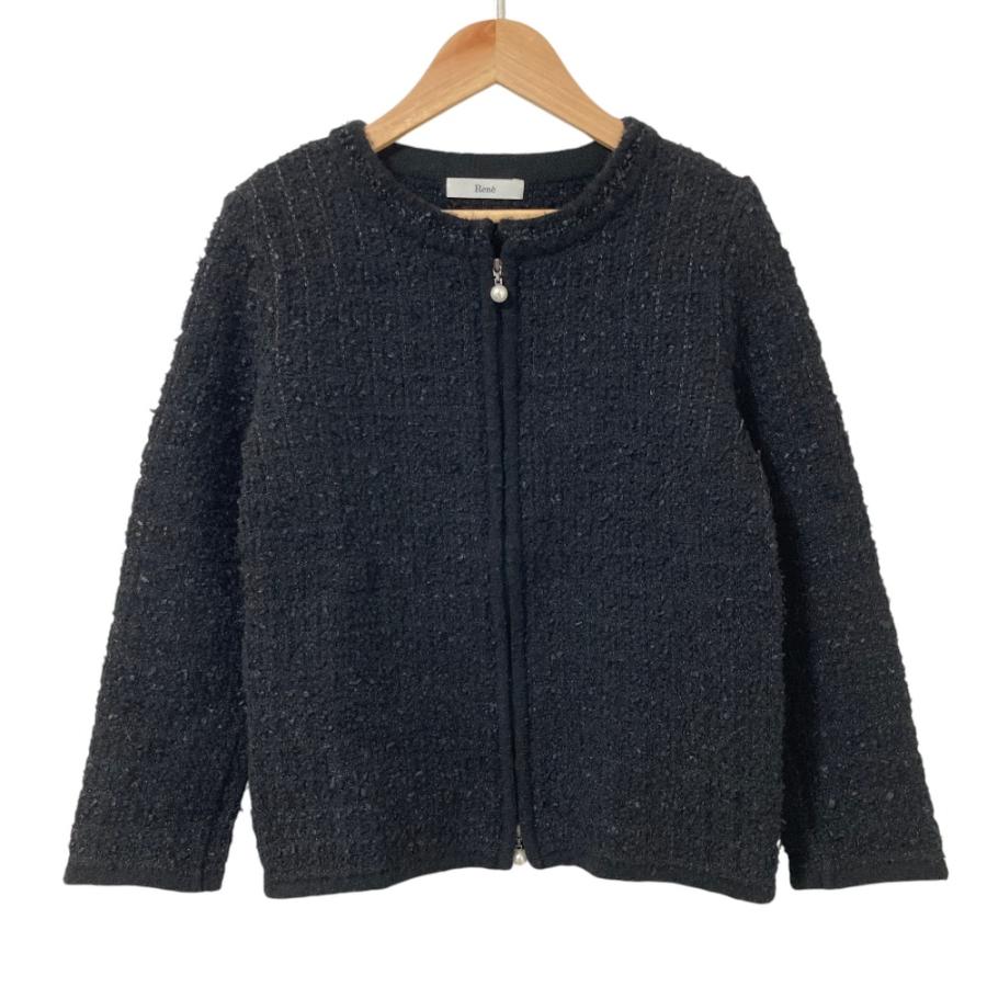 【美品✨2way】Reneノーカラージャケット 洗える カメリアボタン ルネ 黒 Rene（ルネ） 良品 パールボタン ツイード ウール ノーカラー