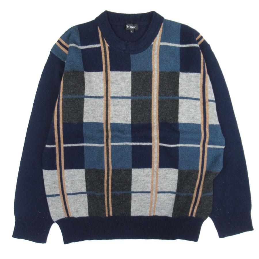 良品 TOROY トロイ チェック柄 ニット クルーネック ウールセーター