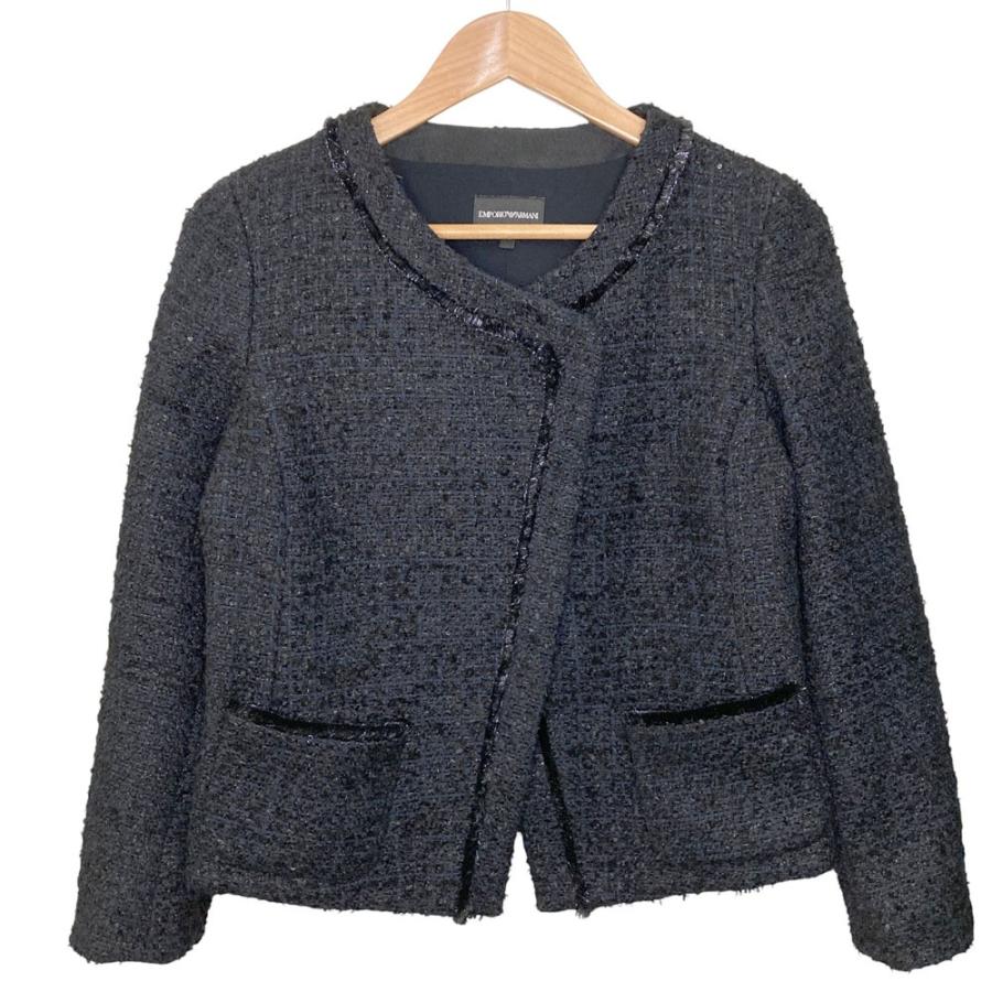 【未使用級✨】アルマーニコレツォーニ ペプラムツイード ノーカラージャケット42 EMPORIO ARMANI 美品 エンポリオアルマーニ ダブルジップ ノーカラー