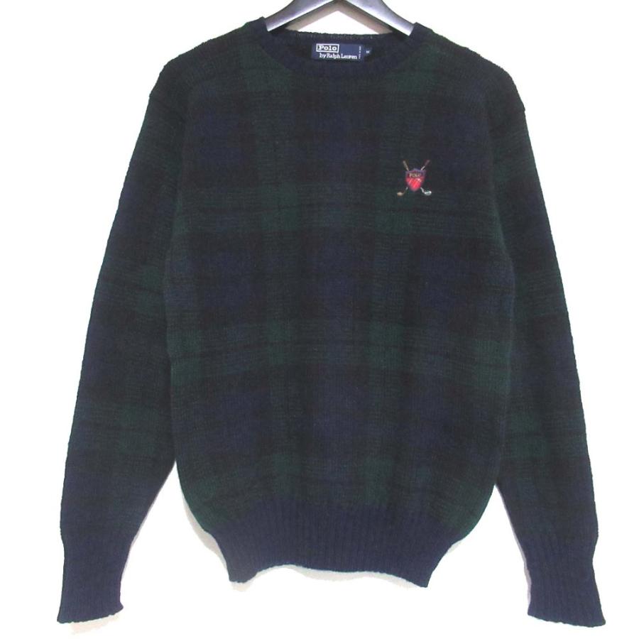 美品 Polo By Ralph Lauren ポロバイラルフローレン ポロ刺繍 ブラックウォッチ ニット セーター Mサイズ グリーン×ネイビー メンズ 古着 中古 USED 美品 Polo By Ralph Lauren ポロバイラルフローレン ポロ刺繍 ブラック