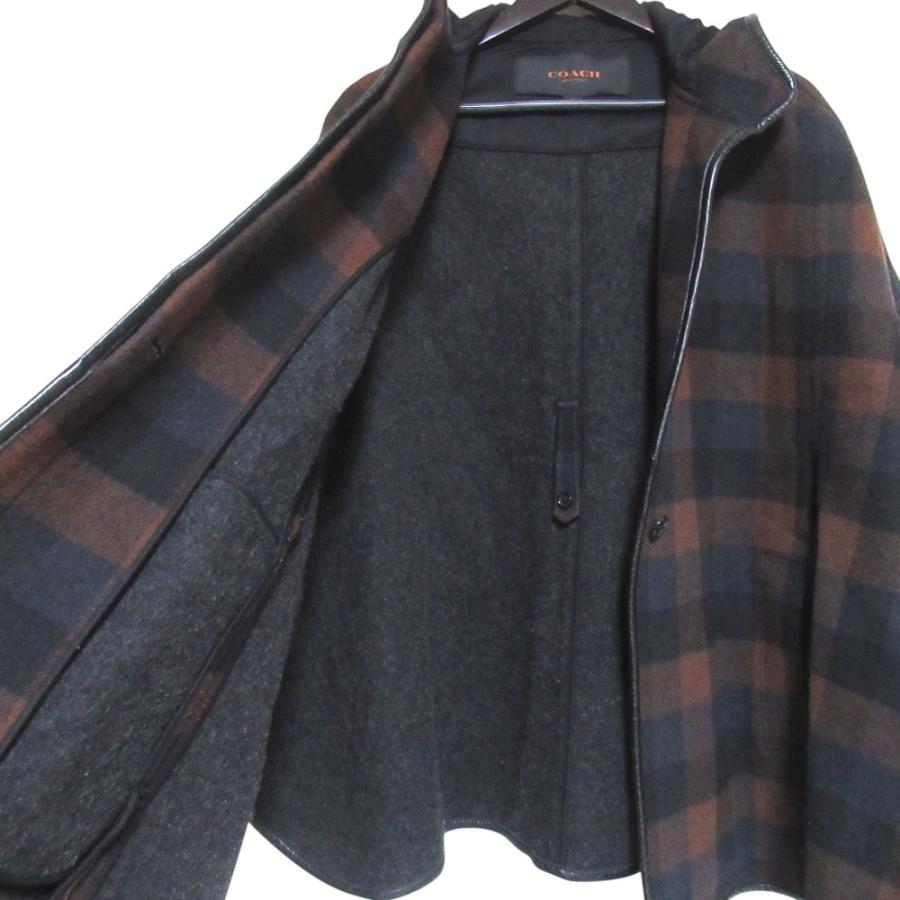 【美品】COACHブラウンチェック柄ウールポンチョ COACH（コーチ） 良品 チェック柄 ベルト付き ウール フーディー