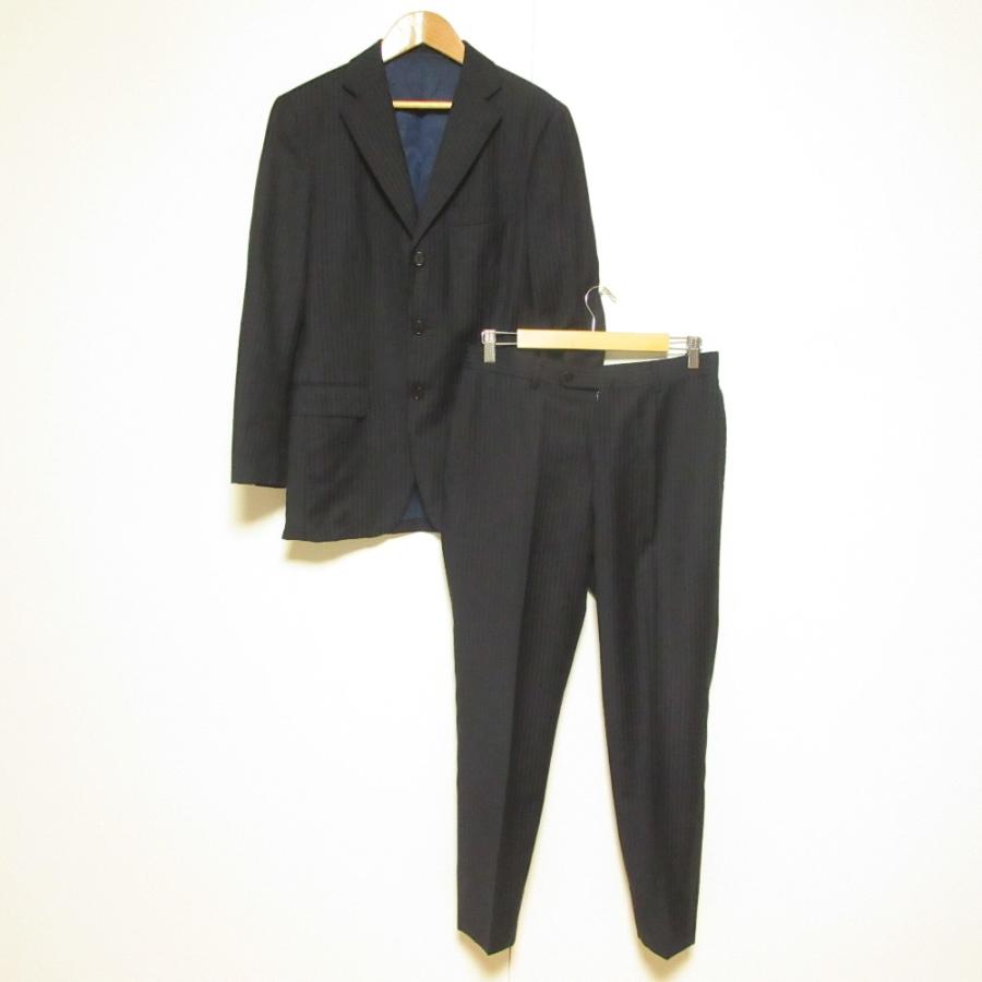 BEAMS F ビームスエフ ピンストライプ テーラードジャケット スラックスパンツ スーツ セットアップ 44 8R ネイビー メンズ 古着 中古 USED BEAMS F（ビームスF） ビームスエフ ピンストライプ テーラード