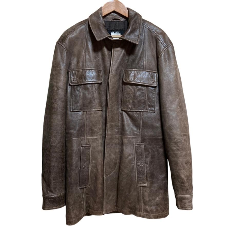 VERSACE ヴェルサーチ ヴィンテージ カウハイド レザー カーコート ジャケット Mサイズ ブラウン メンズ 古着 中古 USED VERSACE（ヴェルサーチェ） ヴェルサーチ ヴィンテージ カウハイド