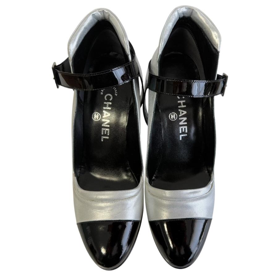 【美品】CHANELシャネル　パンプス　37 1/2 CHANEL シャネル オープントゥパンプス レザー チェーン