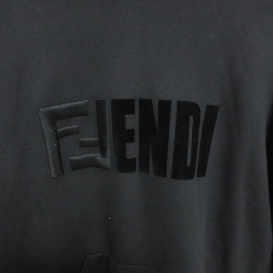 美品 FENDI フェンディ ズッカ柄ライン フェルトロゴ スウェット プルオーバー フーディ パーカー 小さいサイズ XS ブラック レディース 古着 中古 USED FENDI - 美品 FENDI フェンディ ズッカ柄ライン フェルトロゴ