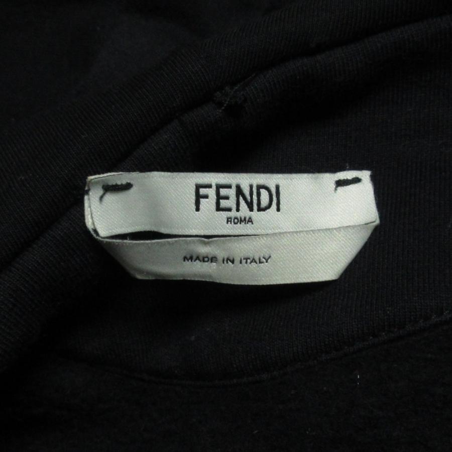 美品 FENDI フェンディ ズッカ柄ライン フェルトロゴ スウェット プルオーバー フーディ パーカー 小さいサイズ XS ブラック レディース 古着 中古 USED FENDI - 美品 FENDI フェンディ ズッカ柄ライン フェルトロゴ