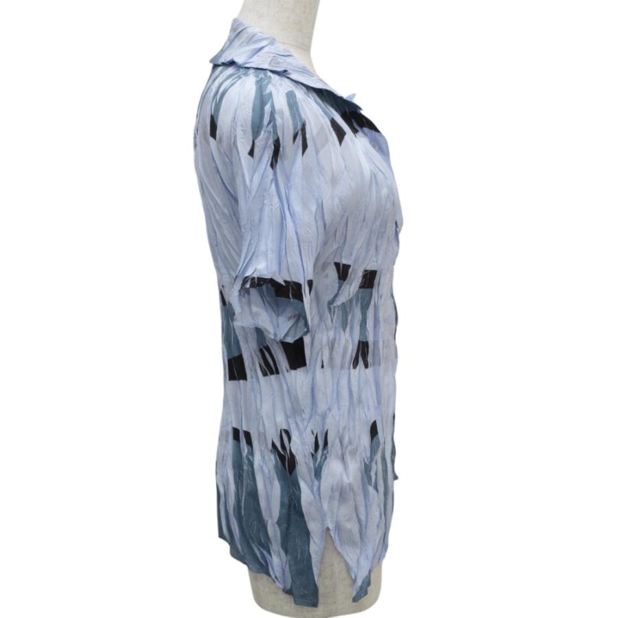 美品 PLEATS PLEASE プリーツプリーズ イッセイミヤケ シワ加工 プリント 半袖 カットソー PP34-ZT903 サイズ3 ライトブルー レディース 古着 中古 USED PLEATS PLEASE 美品 プリーツプリーズ イッセイミヤケ シワ加工